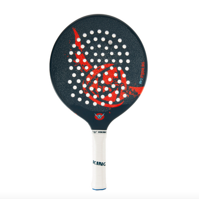 Paddle with red and white design on a black background